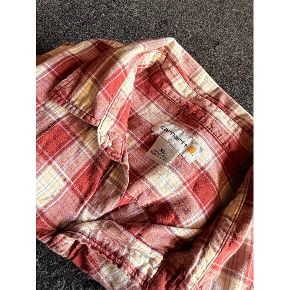 Carhartt Mens Red Plaid Long Sleeve Button-Up Shirt Size XL 100% Cotton Made In - Picture 6 of 8